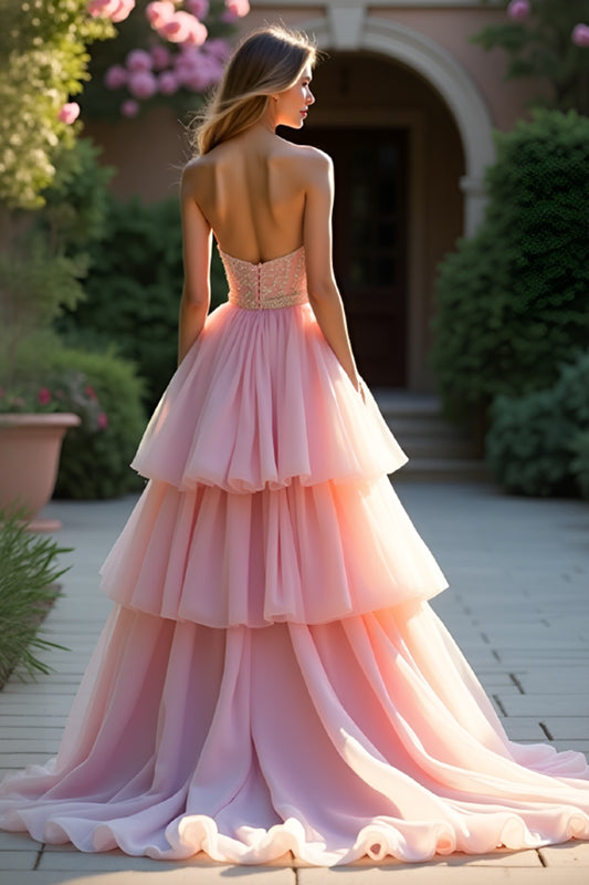 Beaded Blush A Line Tiered Long Prom Dress with Ruffles