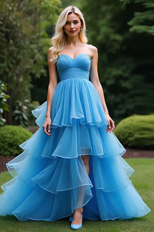 Tiered Long A Line Blue Strapless Ruched Prom Dress