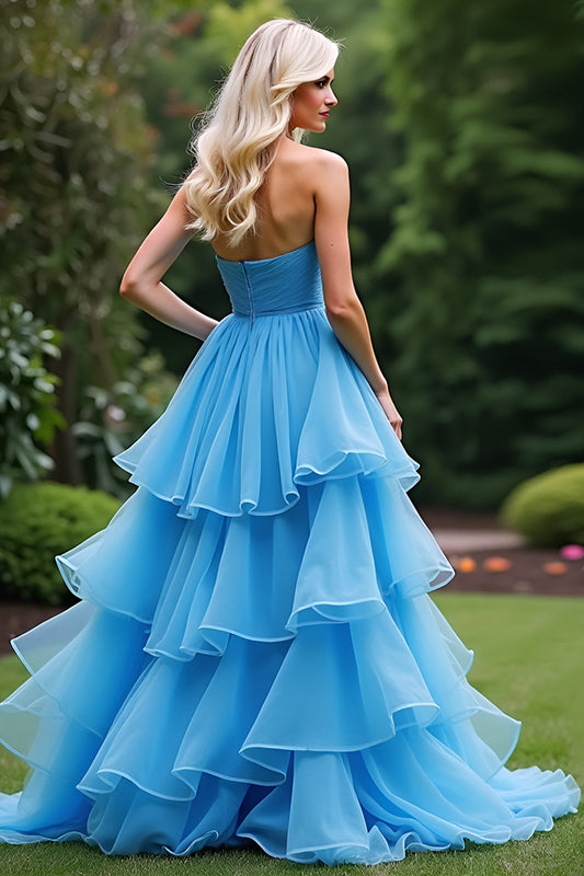 Tiered Long A Line Blue Strapless Ruched Prom Dress