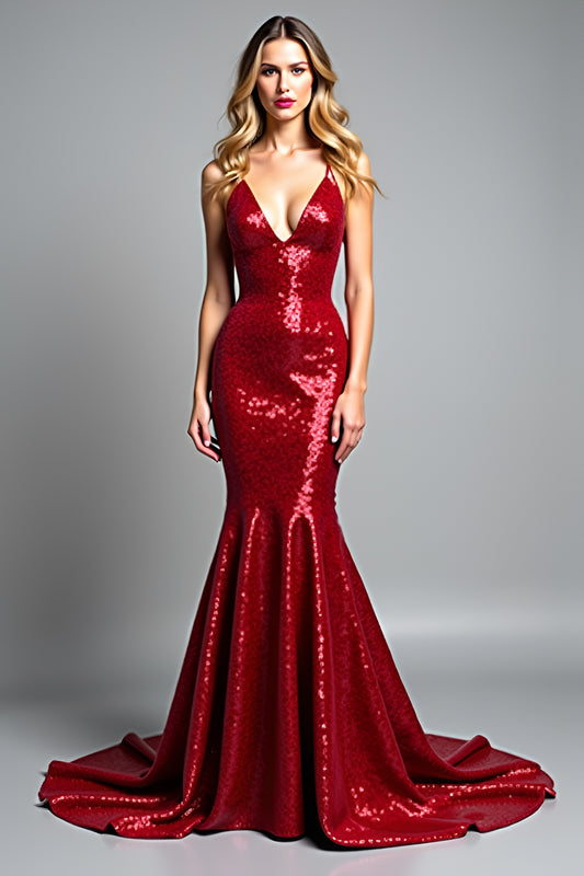 Sparkly Sequins Red Mermaid Long Prom Dress