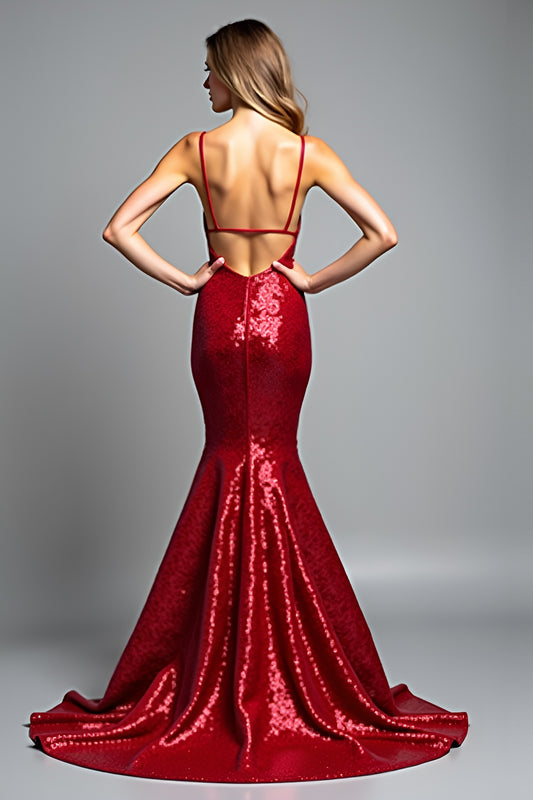 Sparkly Sequins Red Mermaid Long Prom Dress