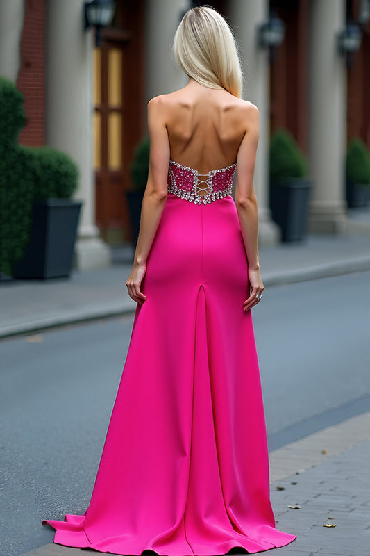 Beaded Long Fuchsia A Line Strapless Prom Dress with Slit