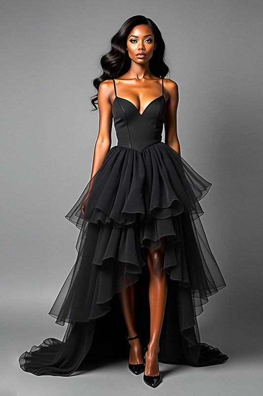 Asymetrical Tulle Long Black A Line Tiered Prom Dress