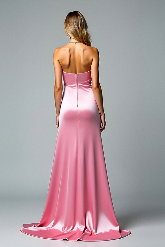 Long Satin Pink Sweetheart Ruched Prom Dress with Slit