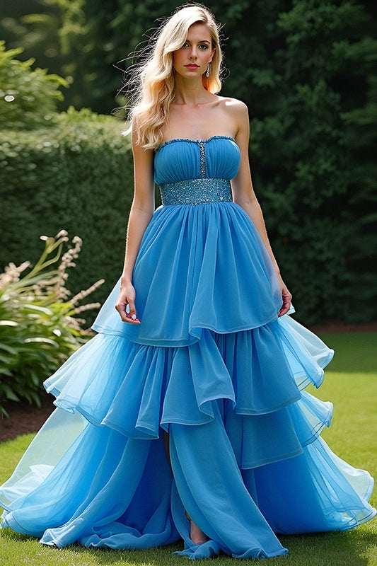 Tiered Ruched Long Blue A Line Strapless Prom Dress with Beading