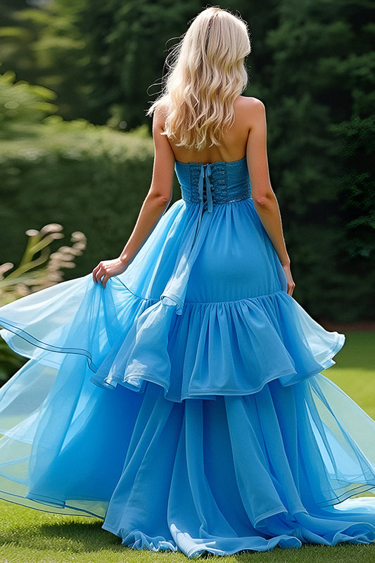 Tiered Ruched Long Blue A Line Strapless Prom Dress with Beading