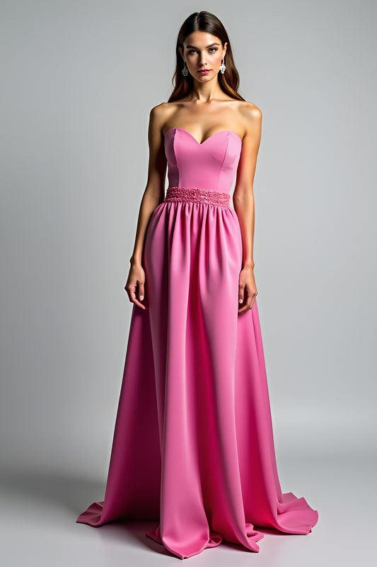 A Line Fuchsia Strapless Ruched Long Prom Dress