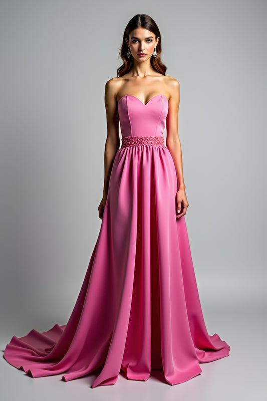 A Line Fuchsia Strapless Ruched Long Prom Dress