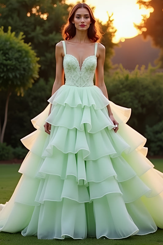 Ball Gown Green Tiered Long Prom Dress with Ruffles
