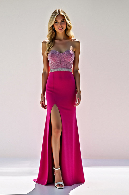 Beaded Long Fuchsia Strapless Satin Prom Dress with Slit