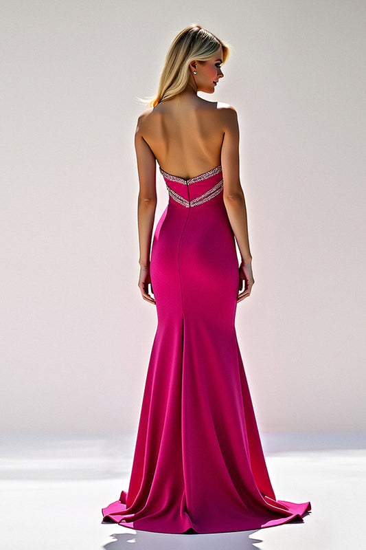 Beaded Long Fuchsia Strapless Satin Prom Dress with Slit
