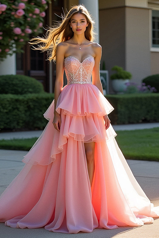 Sweetheart Tiered Pink A Line Long Beaded Prom Dress with Slit