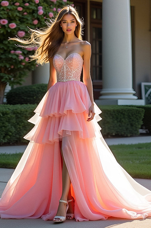 Sweetheart Tiered Pink A Line Long Beaded Prom Dress with Slit