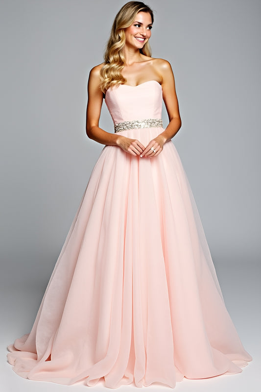 Ruched A Line Light Pink Strapless Long Prom Dress