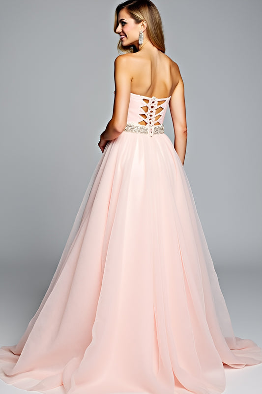 Ruched A Line Light Pink Strapless Long Prom Dress