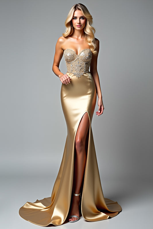 Beaded Golden Sheath Long Prom Dress with Slit