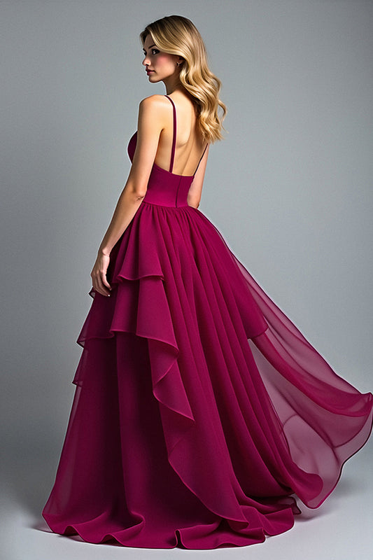 Tiered Asymmetrical Chiffon Burgundy A Line Formal Dress