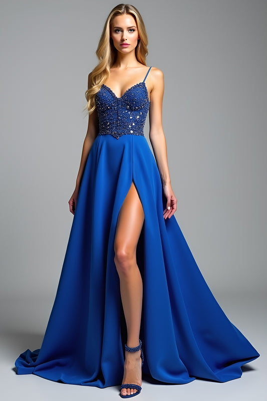 A Line Royal Blue Satin Long Prom Dress with Slit