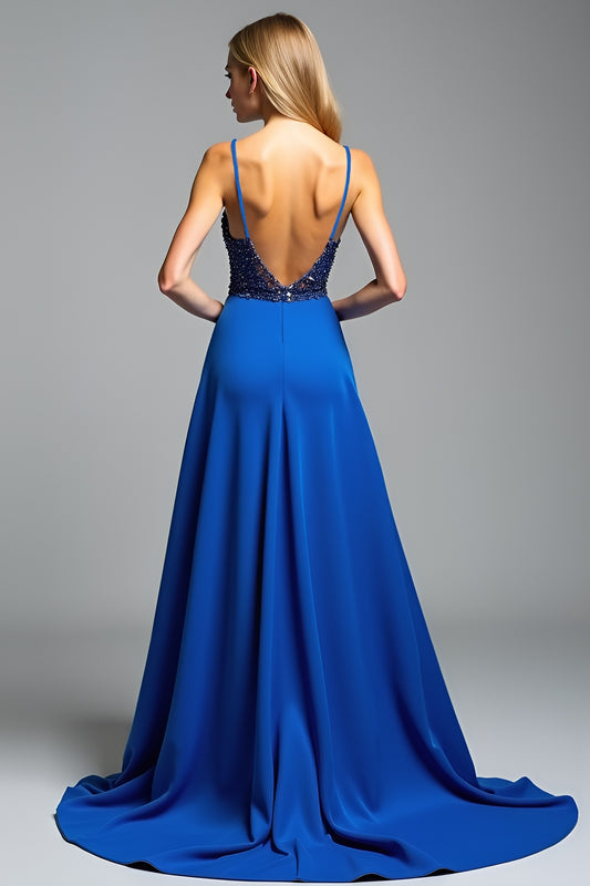 A Line Royal Blue Satin Long Prom Dress with Slit
