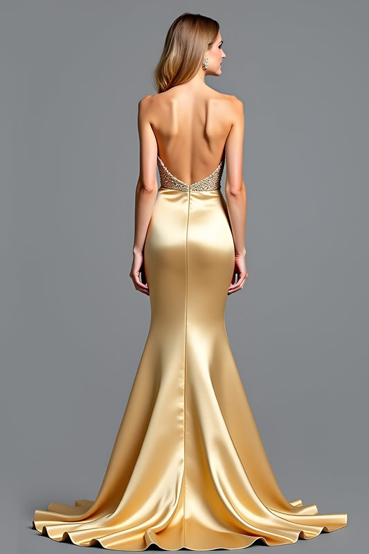 Strapless Golden Backless Long Prom Dress with Slit