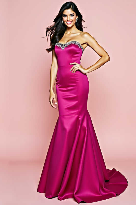 Satin Fuchsia Strapless Long Prom Dress with Beading
