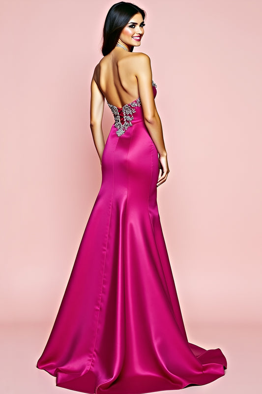 Satin Fuchsia Strapless Long Prom Dress with Beading