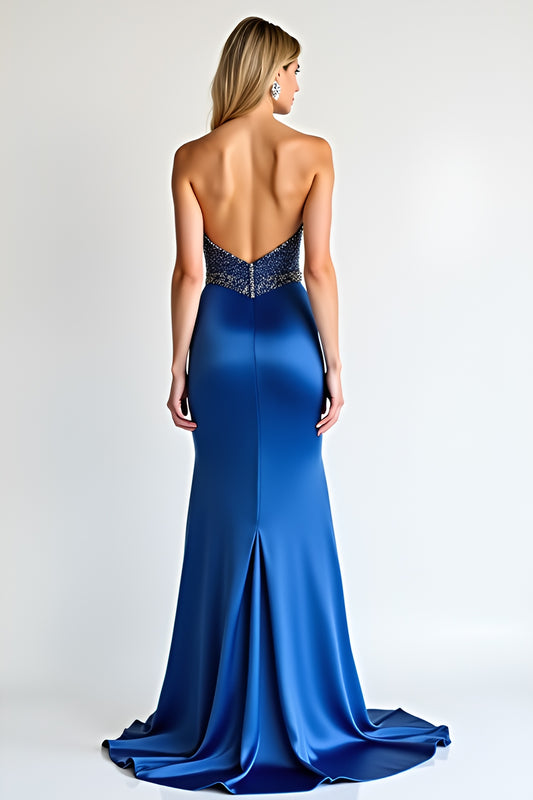 Strapless Satin Royal Blue Beaded Long Prom Dress with Slit