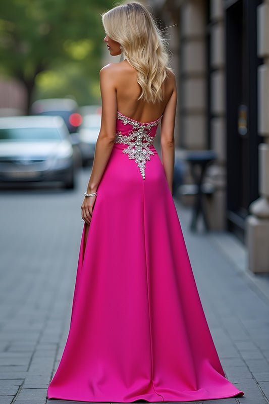 Sheath Appliqued Fuchsia Long Prom Dress with Slit
