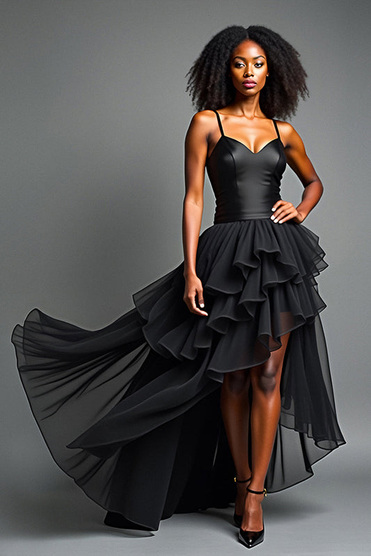 Asymetrical Long Black Tulle Tiered Prom Dress