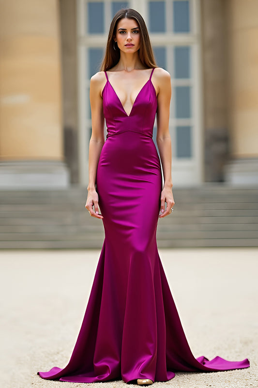 Dark Purple Spaghetti Straps Sheath Long Prom Dress