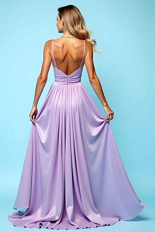 Ruched Chiffon Lilac A Line Bridesmaid Dress with Slit