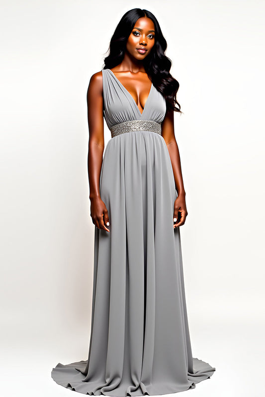 Long Chiffon Grey V-Neck Wedding Guest Dress with Beading
