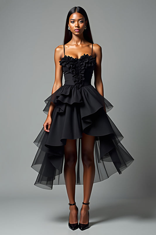 Tiered Tea Length Black A Line V-Neck Graduation Dress