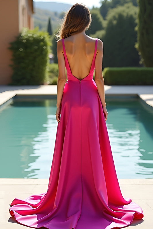 Satin Fuchsia A Line Sweetheart Long Prom Dress with Slit