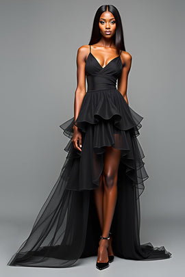Spaghetti Straps Tiered Black A Line Long Black Tie Dress with Slit