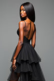 Spaghetti Straps Tiered Black A Line Long Black Tie Dress with Slit Spaghetti Straps Tiered Black A Line Long Black Tie Dress with Slit