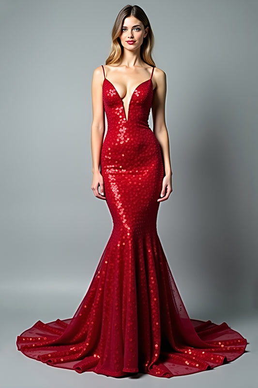 Sparkly Sequins Red Mermaid Long Prom Dress