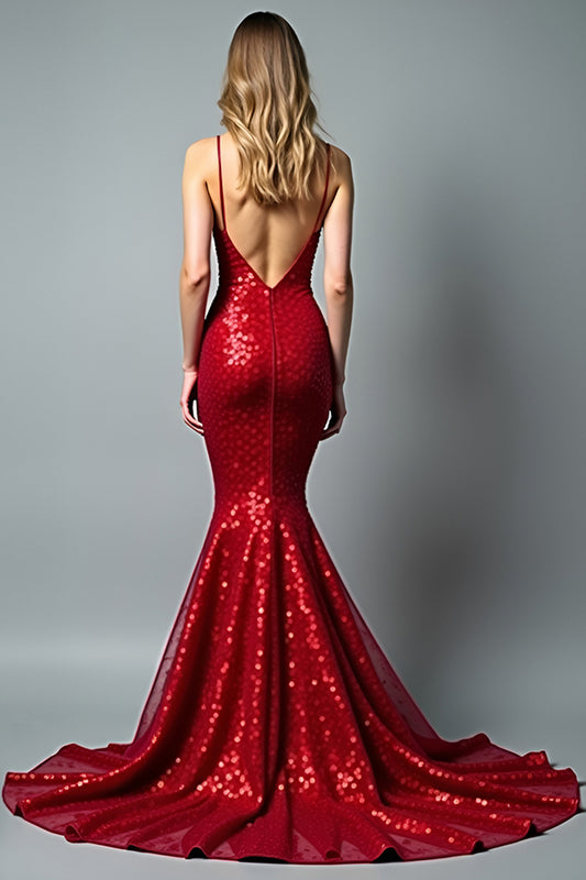 Sparkly Sequins Red Mermaid Long Prom Dress
