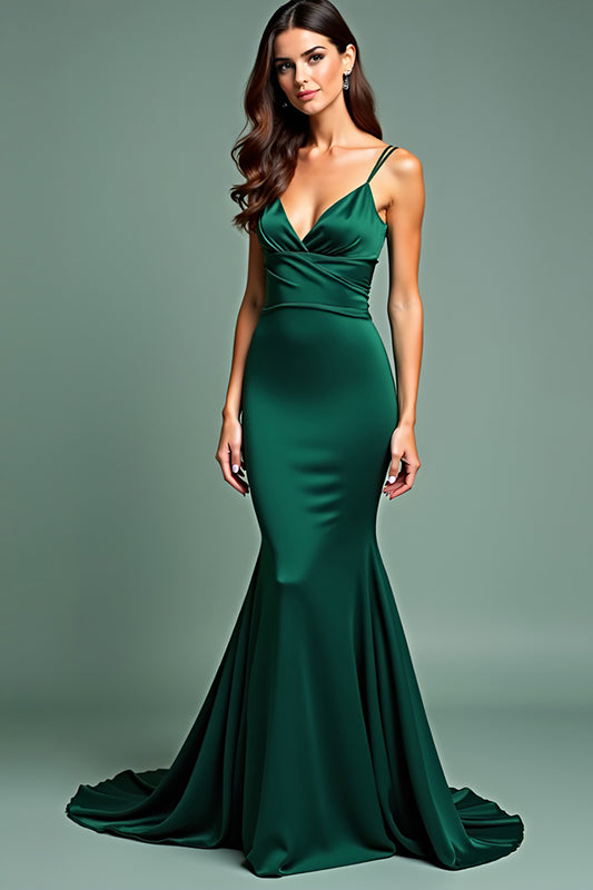 Deep V-Neck Dark Green Spaghetti Straps Long Prom Dress