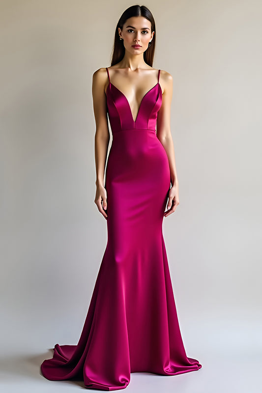 Spaghetti Straps Fuchsia Sheath Satin Long Prom Dress