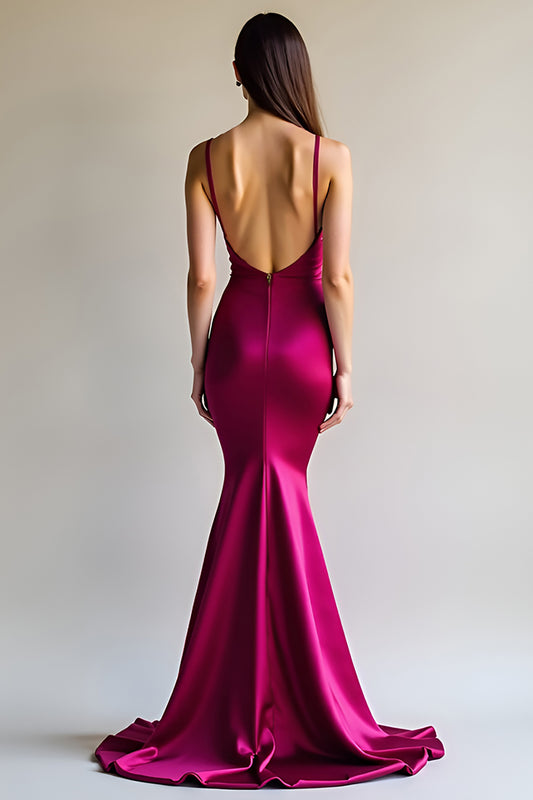 Spaghetti Straps Fuchsia Sheath Satin Long Prom Dress