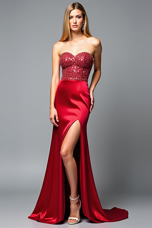 Red Sparkly Sweetheart Sheath Long Prom Dress with Slit