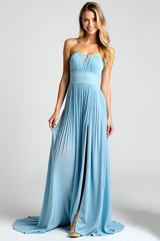 Keyhole Pleated Chiffon Blue A Line Strapless Bridesmaid Dress with Slit