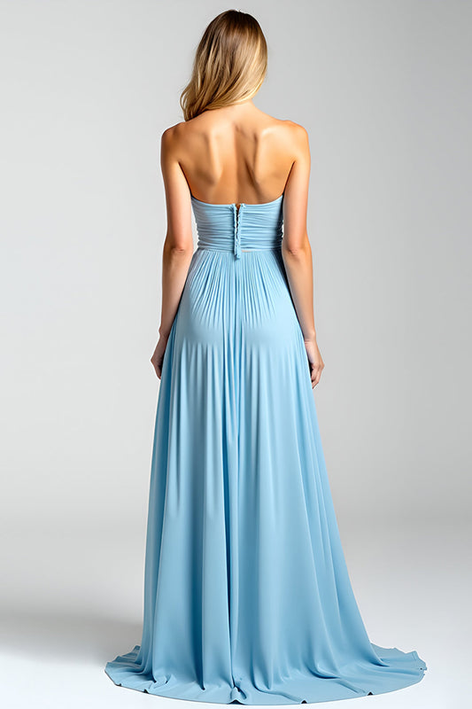 Keyhole Pleated Chiffon Blue A Line Strapless Bridesmaid Dress with Slit