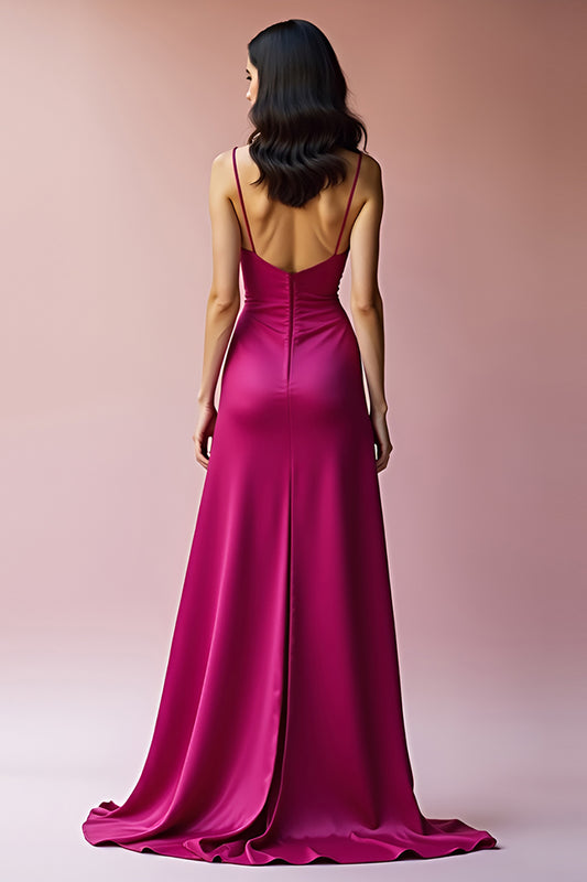 Satin Fuchsia A Line Long Prom Dress with Slit