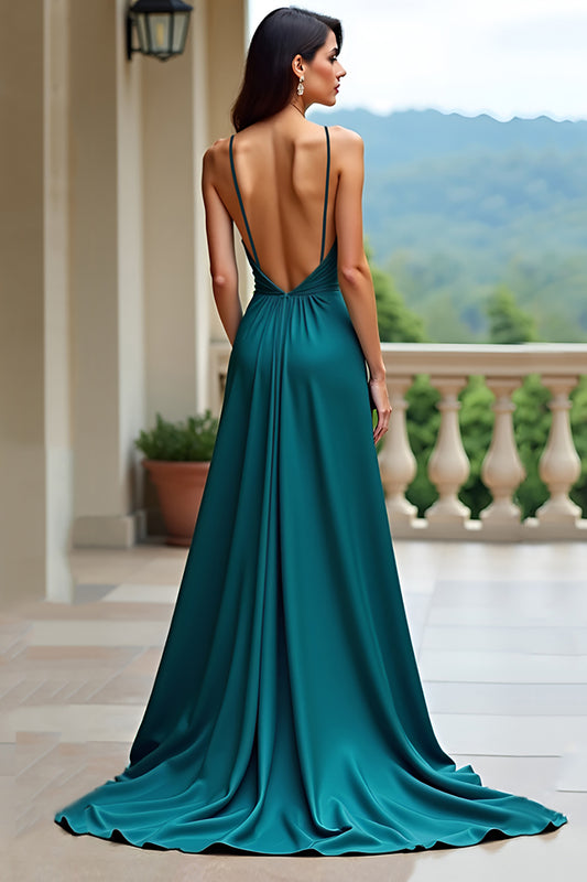 Backless Peacock Green V-Neck Long Prom Dress with Slit
