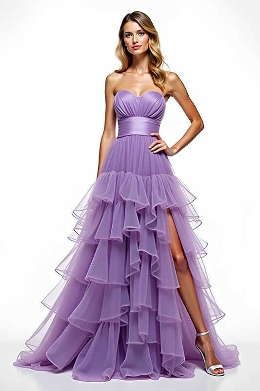 Tiered Purple Strapless Ruffled Long Prom Dress with Slit