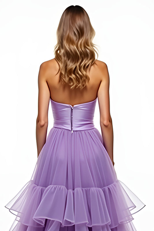 Tiered Purple Strapless Ruffled Long Prom Dress with Slit