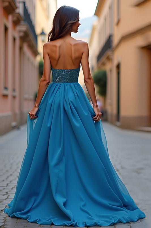 A Line Blue Strapless Ruched Long Prom Dress with Slit