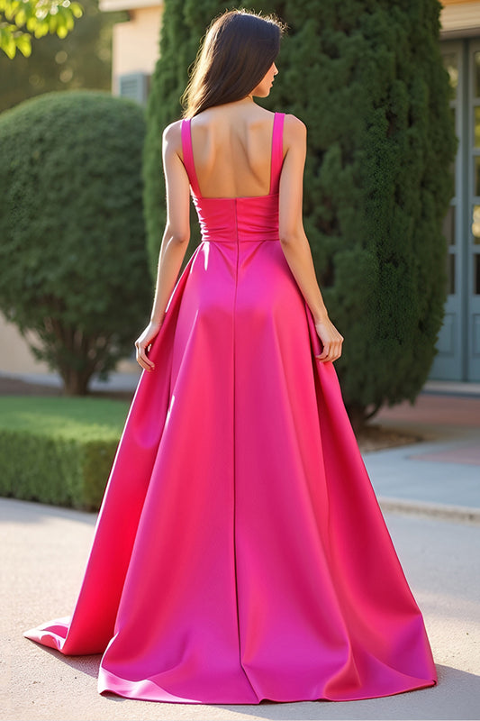 Square Neck Fuchsia A Line Ruched Long Prom Dress with Slit